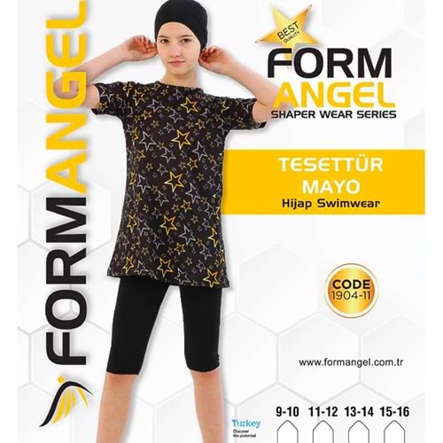 Form Angel 1904 -11 Kız Çocuk Desenli Kısa Kollu Taytlı Tesettür Mayo Haşema 9-16 Yaş