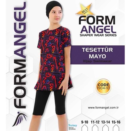 Form Angel 1904 -10 Kız Çocuk Desenli Kısa Kollu Taytlı Tesettür Mayo Haşema 9-16 Yaş