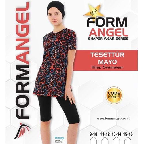 Form Angel 1904 -9 Kız Çocuk Desenli Kısa Kollu Taytlı Tesettür Mayo Haşema 9-16 Yaş