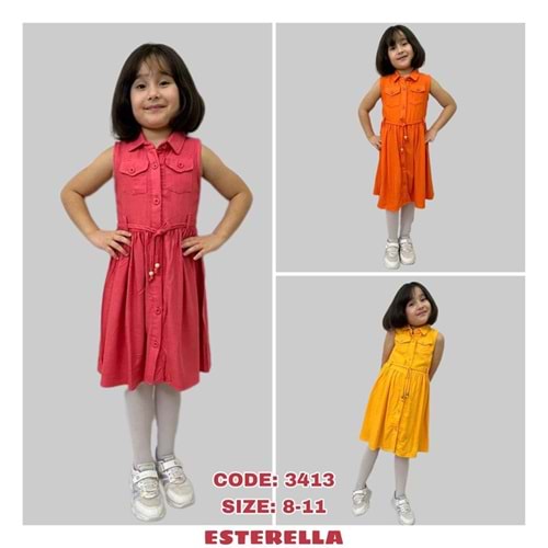 Esterella 3413 Kız Çocuk Flamlı Sıfır Kol Düğmeli Elbise 8-11 Yaş