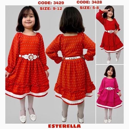 Esterella 3429 Kız Çocuk Kemerli Gofre Elbise 9-12 Yaş