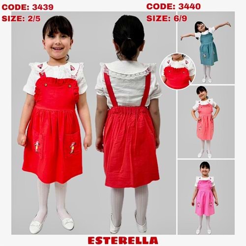 Esterella 3440 Kız Çocuk Müslin Kısa Kol Slopet Elbise 6-9 Yaş