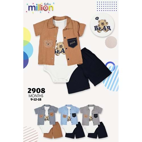 Million Bebe 2908 Erkek Bebe Bear Nak Gömlekli 3 Lü Şortlu Takım 6-18 Ay
