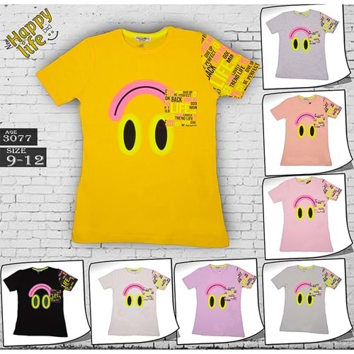 Happy Life 3077 Kız Çocuk Emoji Cepli Baskılı Tişört 9-12 Yaş