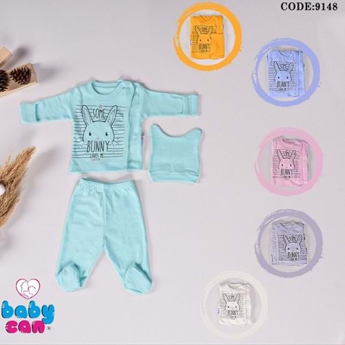 Babycan 9148 Bebe Çizgili Tavşan Baskılı Kendinden Eldivenli Şapkalı 3 Lü Zıbın Takımı 0-3 Ay