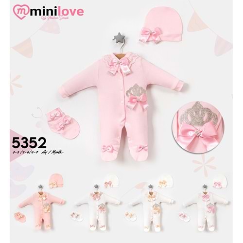 Mini love 5352 Kız Bebe Penye Taş Taç Baskılı Çıtçıtlı Tulum 3-9 Ay