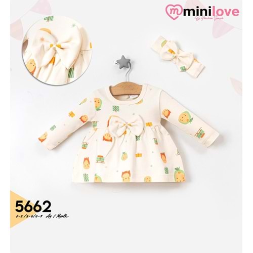 Mini love 5662 Kız Bebe Penye Kızaklı Kız Baskılı Saç Bandanalı Elbise 3-9 Ay