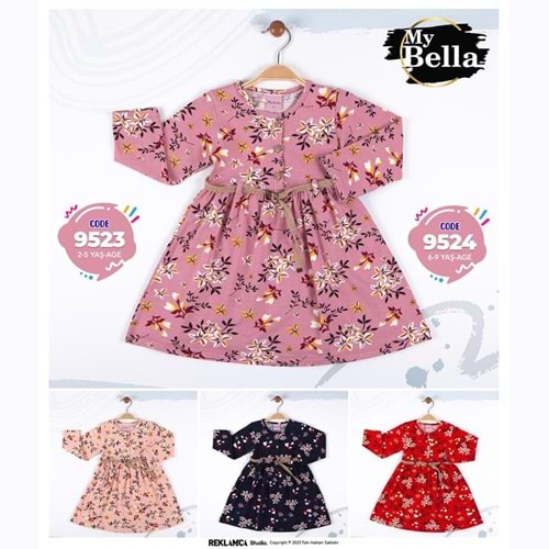 My Bella 9523 Kız Çocuk Çiçekli Kemerli Elbise 2-5 Yaş