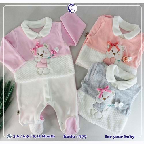 Cocomell 777 Kız Bebe Ayıcık Nakışlı Beli Andoralı Tulum 6-9-12 Ay