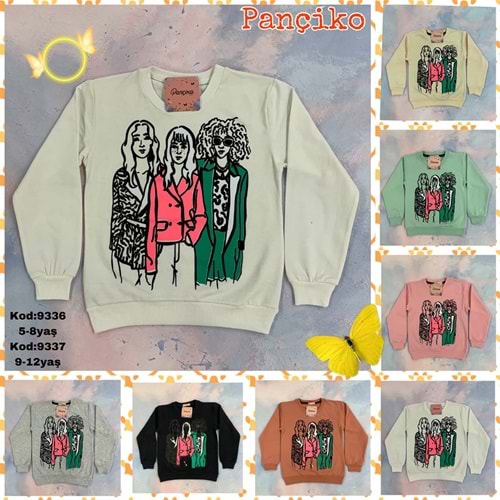Pançiko 9337 Kız Çocuk 3 Kız Baskılı Floklu 2 İp Şardonlu Sweat 9-12 Yaş
