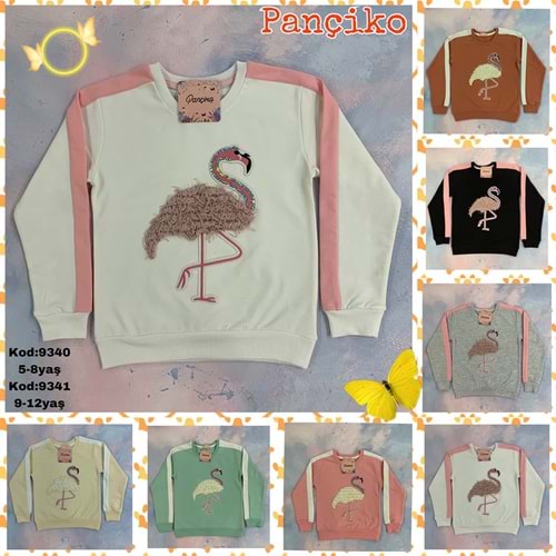 Pançiko 9341 Kız Çocuk Pullu Flamingo Nakışlı 2 İp Şardonlu Sweat 9-12 Yaş