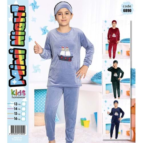 Mini Night 6890 Erkek Çocuk Kadife Gemi Nak Pijama Takımı 13-16 Yaş