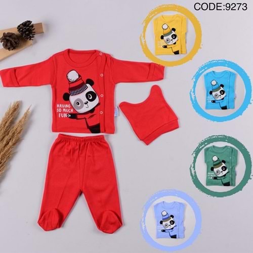 Babycan 9273 Bebe Eğlenceli Panda Baskılı Kendinden Eldivenli Şapkalı 3 Lü Zıbın Takımı 0-3 Ay