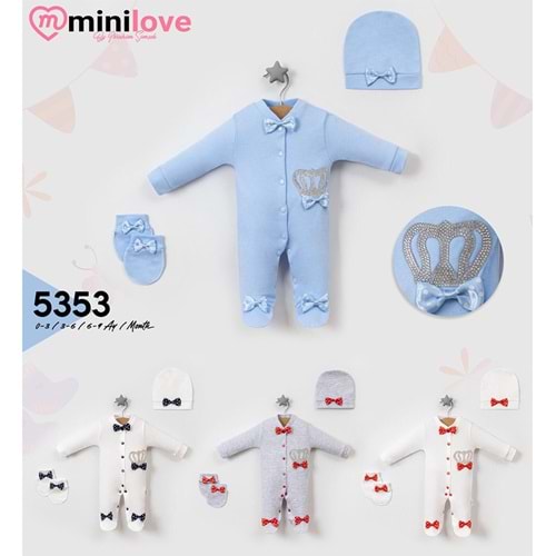Mini love 5353 Erkek Bebe Penye Taç Taş Baskılı Papyonlu Çıtçıtlı Tulum 3-9 Ay